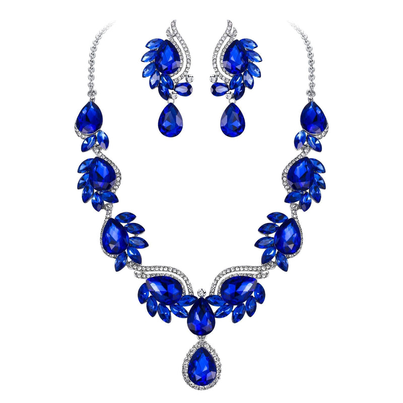 [Australia] - Flyonce Women's Crystal Wedding Floral Leaf Teardrop Necklace Clip On Earrings Set Blue Silver-Tone 