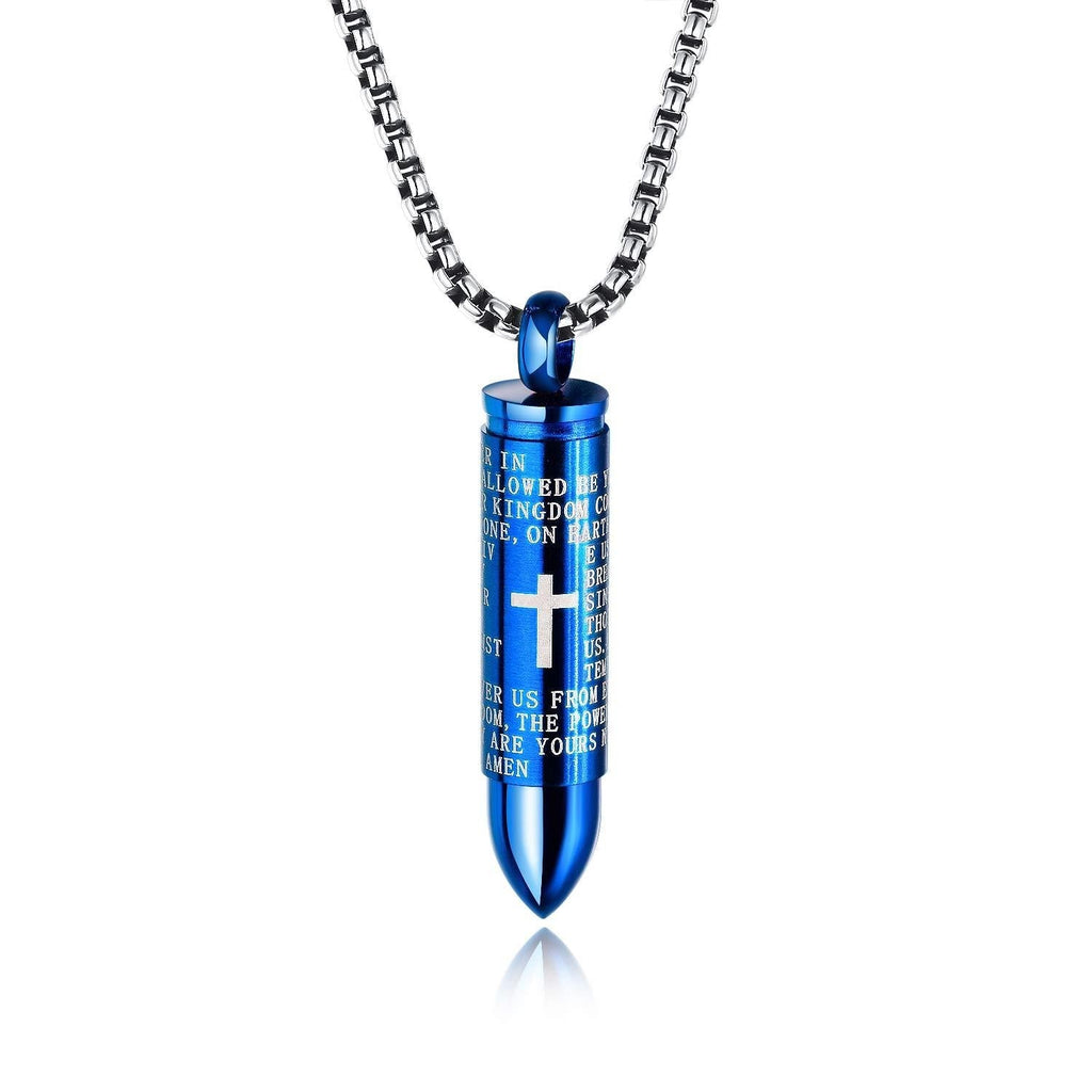 [Australia] - MONIYA Lords Prayer Cremation Urn Necklace for Ashes Stainless Steel Blue Bullet Pendant Cross Necklace, 21.65inch Chain 