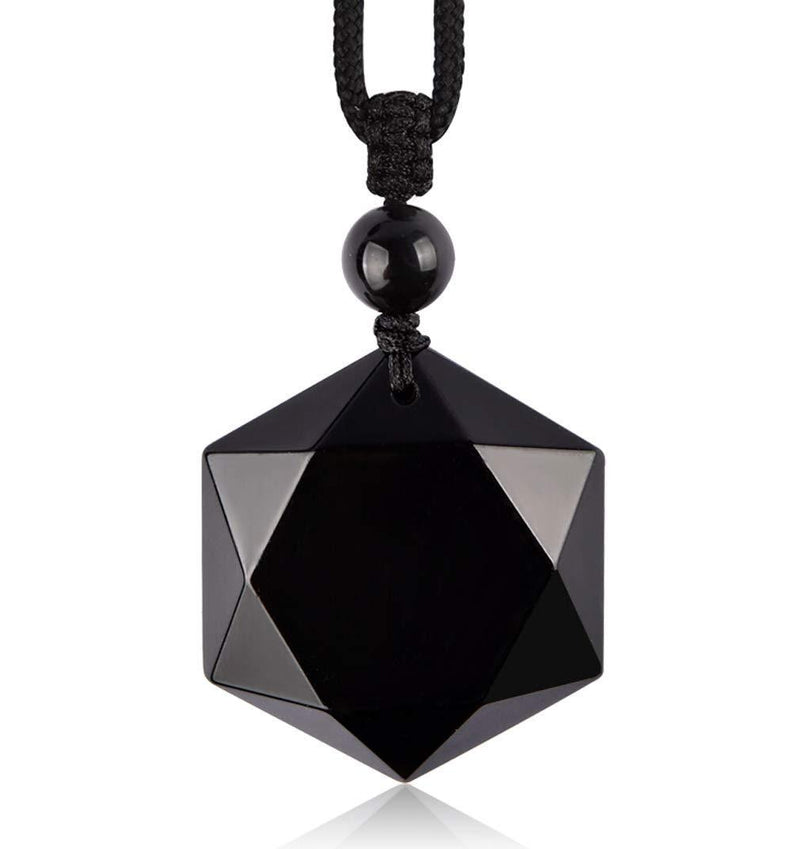 [Australia] - Obsidian Pendant Necklace Obsidian Crystal Pendant Necklace Pattern with Extend Bead Chain for Men or Women Hexagon Pendant 