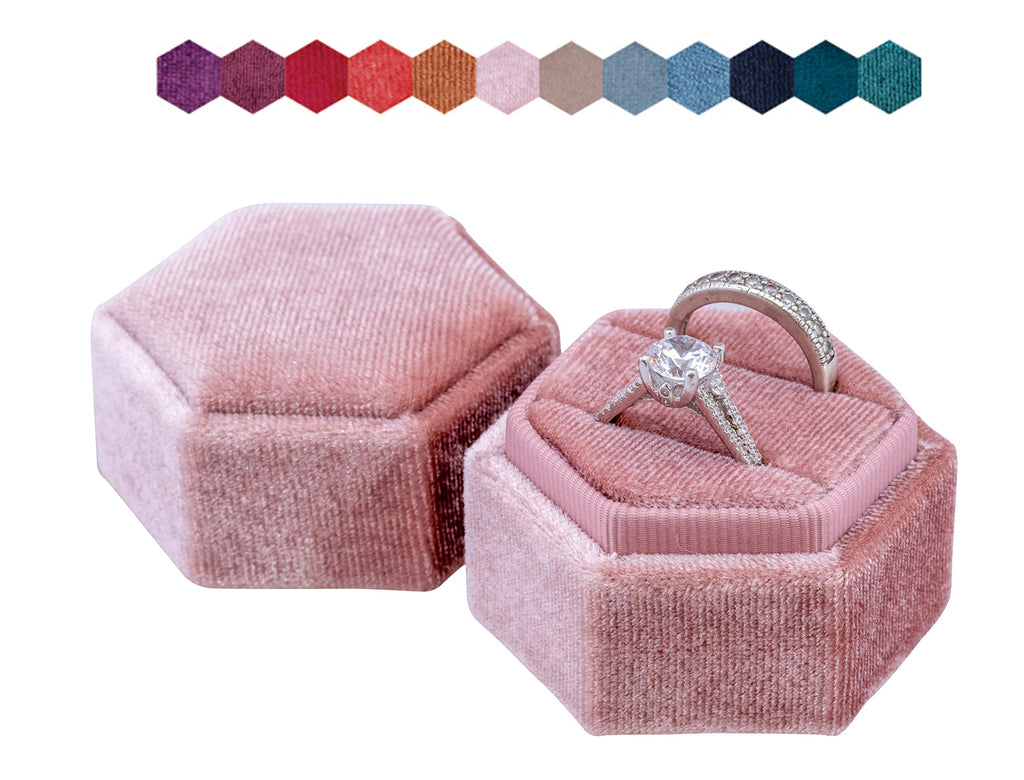 [Australia] - The Lux Box: Gorgeous Antique Velvet Geometric Ring Boxes for Proposals and Wedding Photos || Hexagon and Oval || Single or Double Rings || Fits Slim Bands (Dusty Rose Hexagon Double) Dusty Rose Hexagon Double 