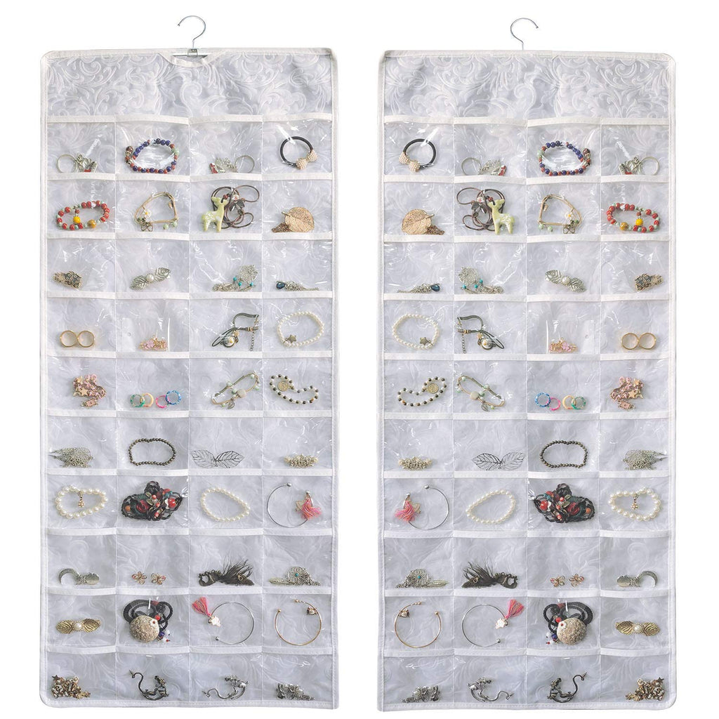 [Australia] - BB Brotrade Hanging Jewelry Organizer,Double Sided Jewelry Storage Organizer with Embossed Pattern,80 Clear PVC Pockets Organizer for Holding Jewelries (White) White 