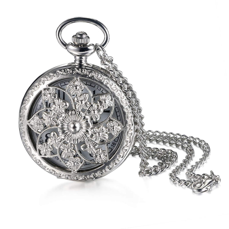 [Australia] - Avaner Antique Bronze Retro Hollow Rose Flowers Openwork Quartz Pocket Watch for Women Girls silver 