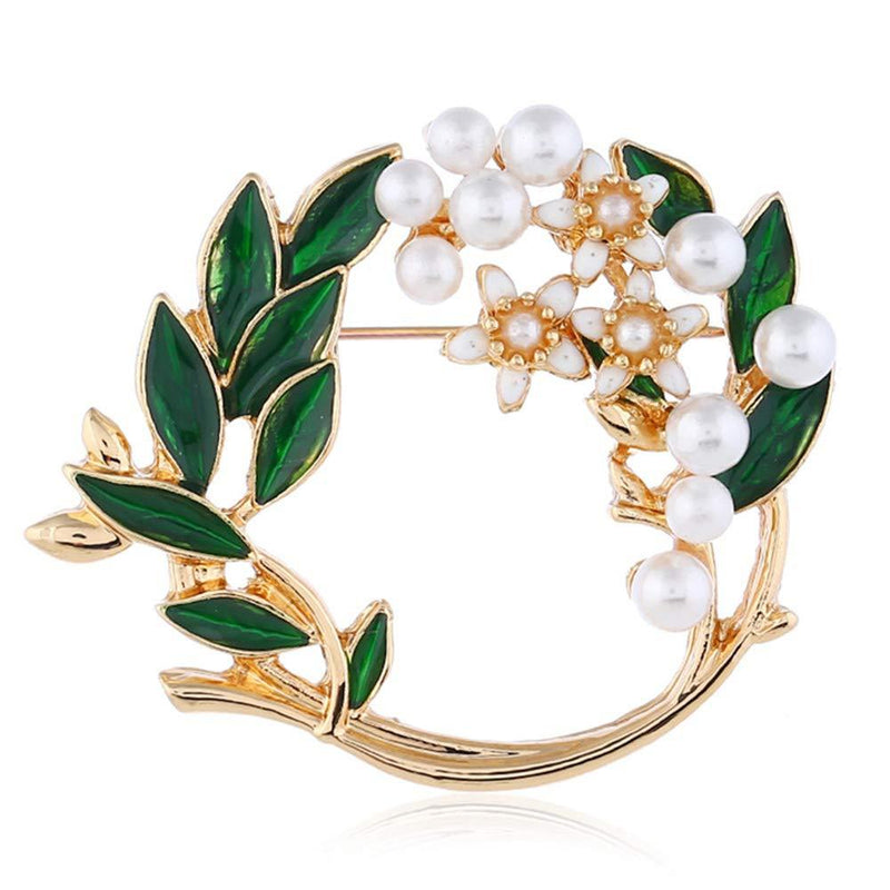 [Australia] - Pearl Flower Wreath Brooches for Women Men Girls Gold Tone Fashion Vintage Green Olive Leaf Hollow Garland Brooch Pins Bow Tie Necktie Dress Accessories Jewelry Birthday 