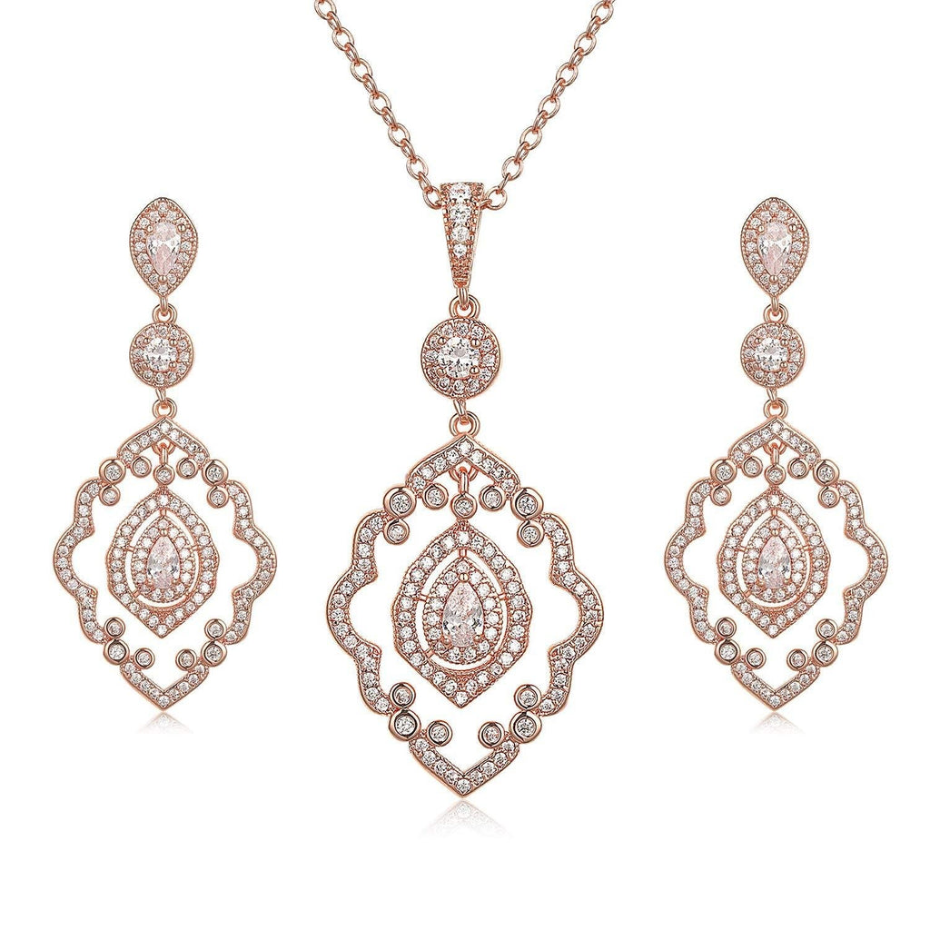 [Australia] - SWEETV Wedding Jewelry Sets for Brides, Crystal Bridal Necklace and Earrings Jewelry Sets for Women Party Prom Gift Rose Gold 