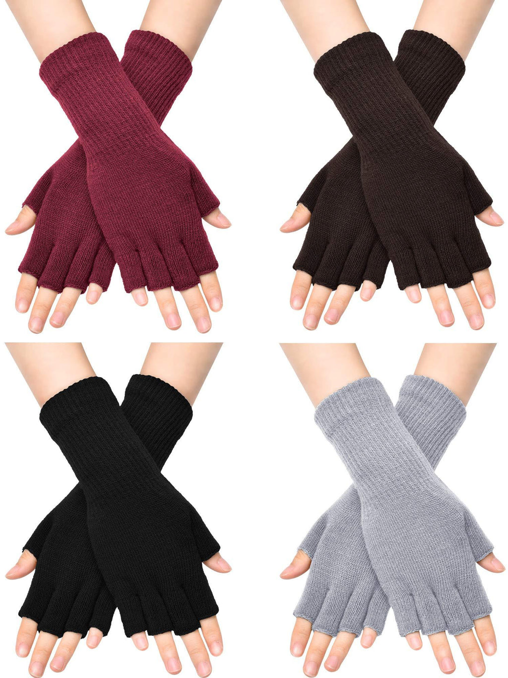 [Australia] - Unisex Half Finger Gloves Winter Stretchy Knit Fingerless Typing Gloves Black, Red, Light Grey, Coffee 4 