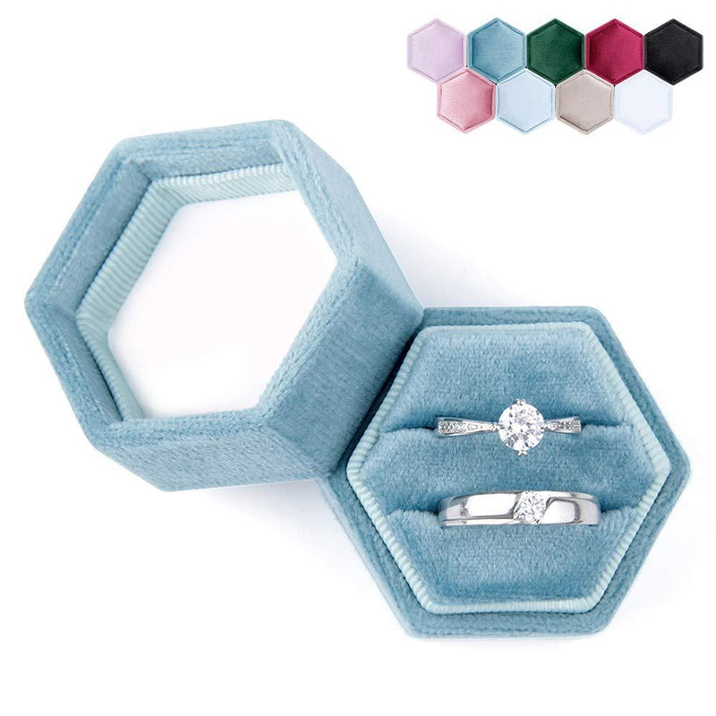 [Australia] - DesignSter Hexagon Velvet Ring Bearer Box - Premium Gorgeous Vintage Double Ring Display Holder with Detachable Lid for Proposal, Engagement, Wedding, Ceremony (Dark Blue) Dark Blue 