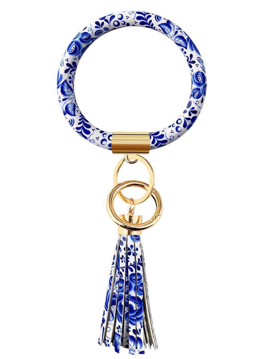 [Australia] - Diriway Key Ring Bracelets Wristlet Keychain Bangle Keyring Large Circle Leather Tassel Bracelet Holder For Women Gift A Blue and White Porcelain 