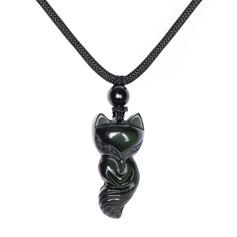 [Australia] - HASKARE Natural Energy Stone Pendant Engraved Black Obsidian Healing Necklace Adjustable Size 27.5inch Obsidian Fox S 