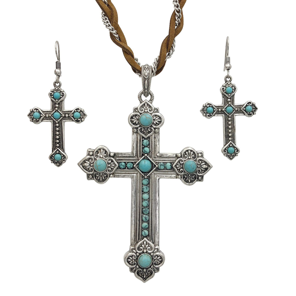 [Australia] - Gypsy Jewels Long Braided Faux Suede & Silver Tone Chain Unique Large Charm Pendant Imitation Turquoise Necklace & Dangle Earrings Set Cross 