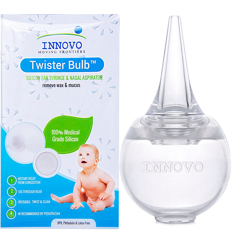 [Australia] - Innovo Hospital Grade Silicone Twister Bulb Baby Ear Syringe and Nasal Aspirator, Sucks Snot and Mucus, Nasal Bulb Ear Syringe, Cleanable and Reusable Clear White 