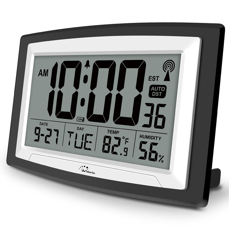 [Australia] - WallarGe Atomic Clock with Indoor Temperature and Humidity,Self-Setting Digital Wall Clock or Desk Clock,Battery Operated Alarm Days Digital Clock Large Display for Seniors,Auto DST. Black 