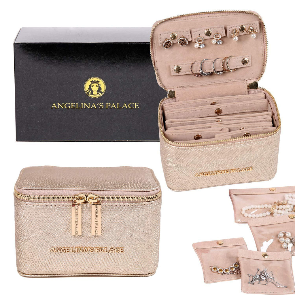 [Australia] - Angelina's Palace Snakeskin Pattern Jewelry Organizer Case Bridesmaid Gifts Travel Bag Vegan Leather Box for Necklace Earring Bracelet Ring(Champagne) Champagne 