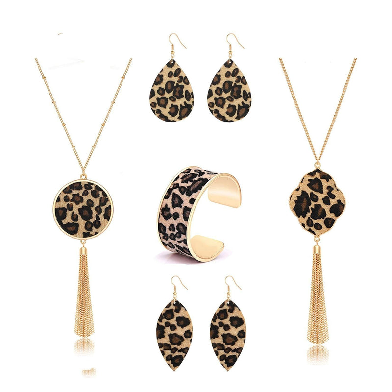 [Australia] - Leopard Jewelry For Women Statement Leopard Cuff Bracelet Teardrop Leaf Earrings Long Tassel Pendant Necklace Set 