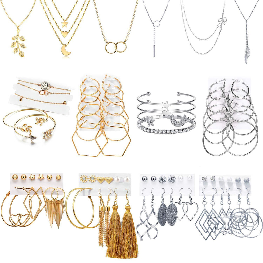 [Australia] - 51 PCS Gold Silver Jewelry Set with 6 PCS Necklace,9 PCS Bracelet,36 PCS Layered Ball Dangle Hoop Stud Earrings for Women Jewelry Fashion and Valentine Birthday Party Gift 