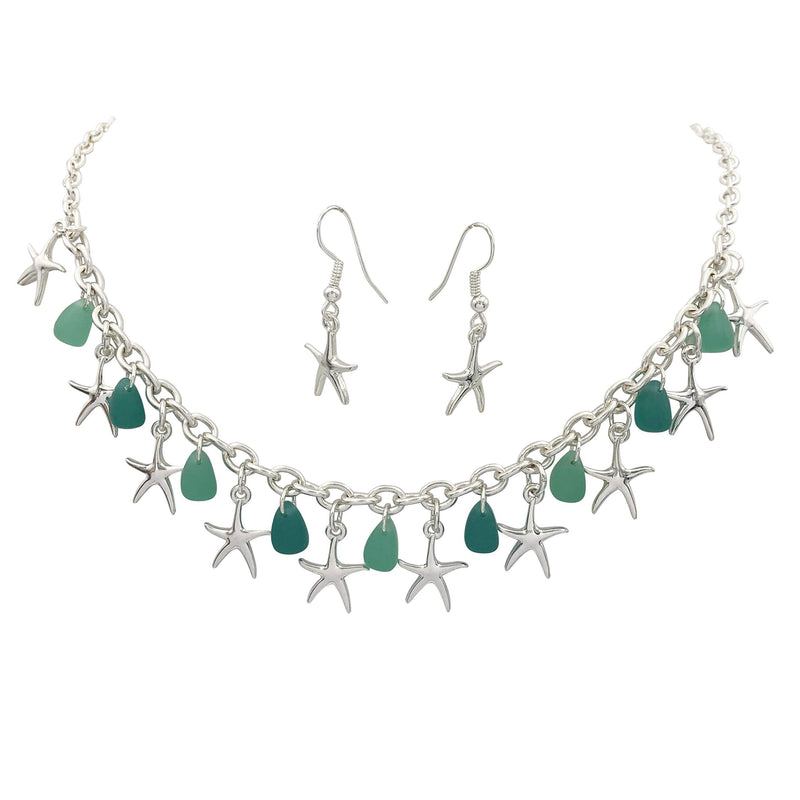 [Australia] - Gypsy Jewels Nautical Charm Theme Silver Tone Necklace & Dangle Earrings Set Aqua Blue Starfish 