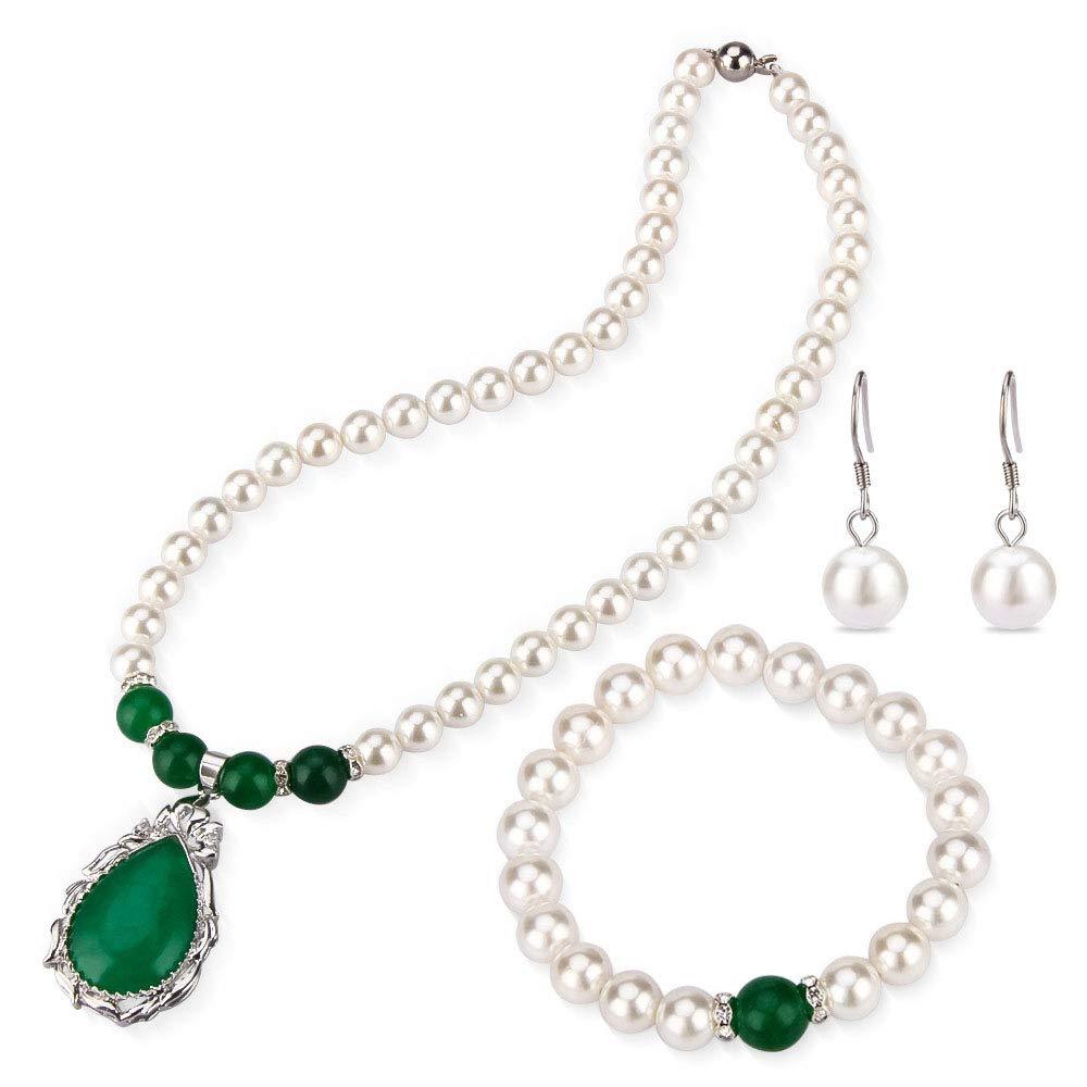[Australia] - LGSY White Pearl Jewelry Sets for Women Silver Plated, Design Green Jade Shell Pearl Handmade Includes Stud Earrings Necklace Bracelet 