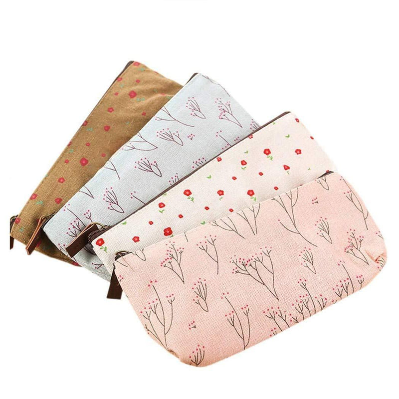 [Australia] - Countryside Flower Floral Cosmetic Makeup Bag Cute Floral Flower Canvas Zipper Pencil Pen Cases, Multi-functional lovely Flower Tree Fabric Coin Purse(4 Pcs) 