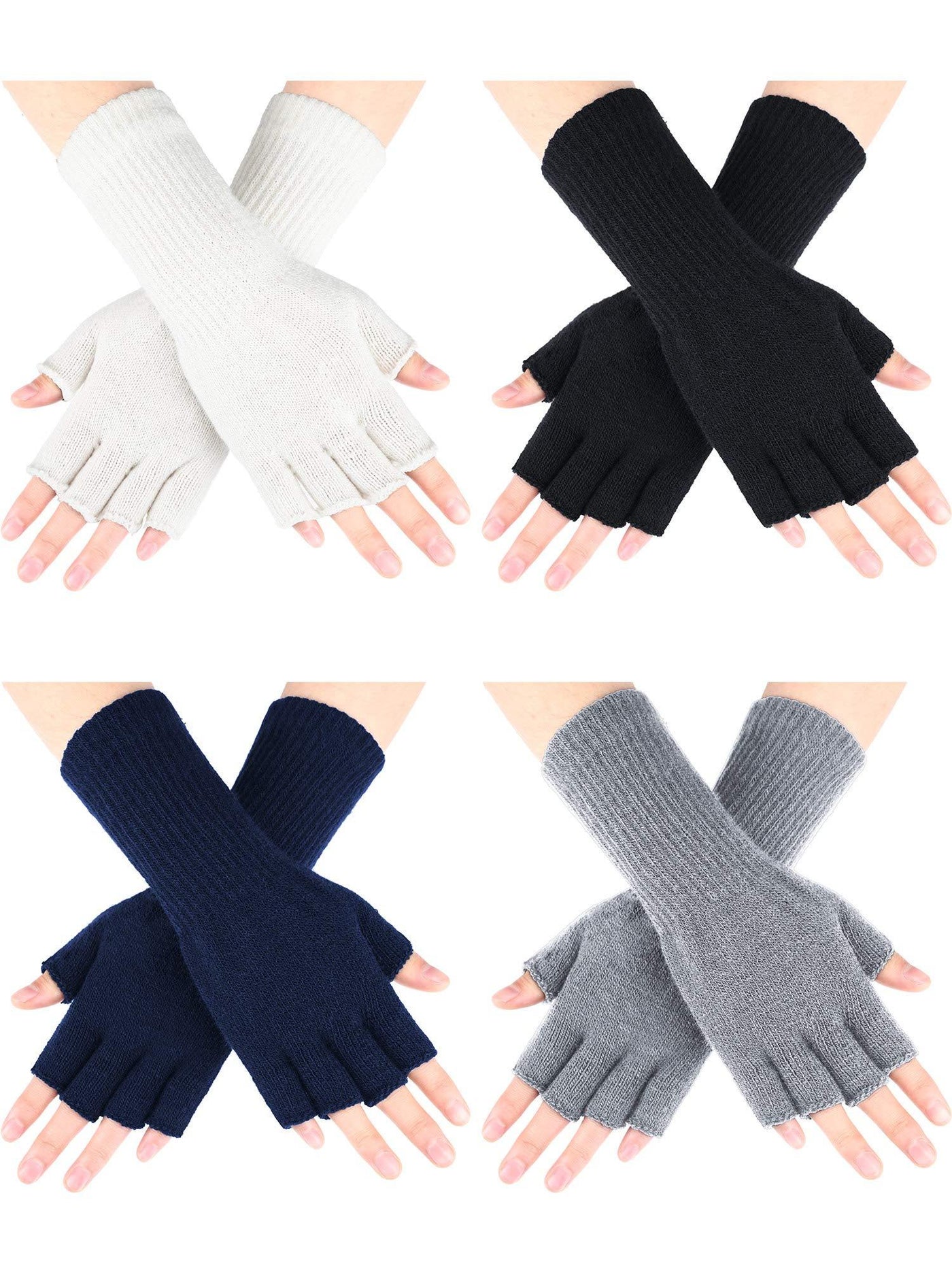 Women Knitted Fingerless Winter Arm Warmer Gloves Gray Black