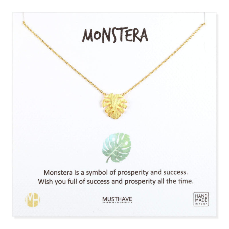 [Australia] - MUSTHAVE Monstera Leaf 18K Gold Plated Necklace with Message Card, Yellow and White Color, Anchor Chain, Best Gift Necklace, Size 16 inch + 2 inch Extender, Monstera Leaf Pendant, Gift Card Yellow Gold 