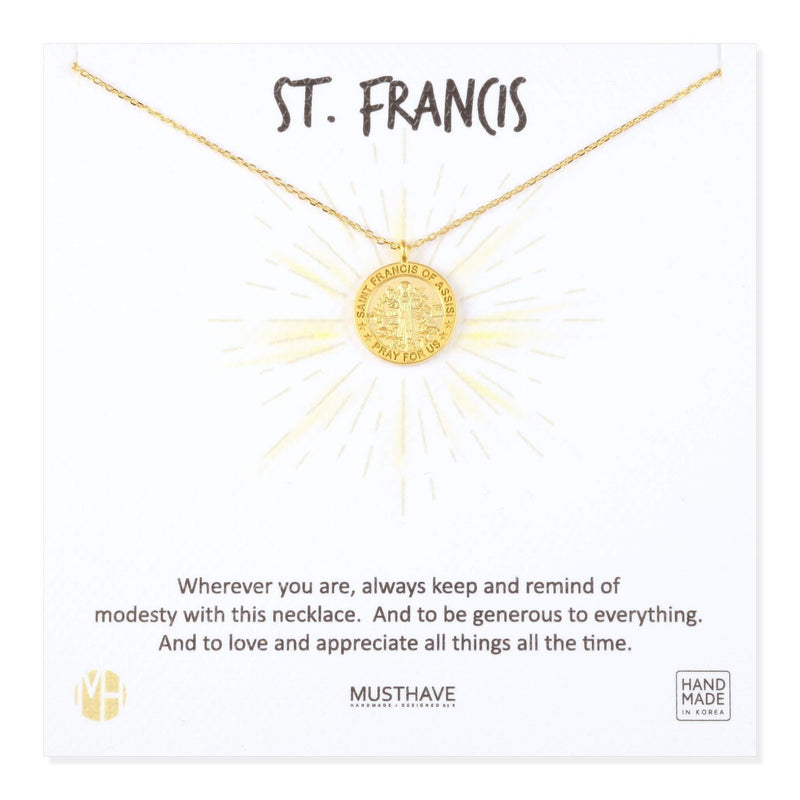 [Australia] - MUSTHAVE ST. Francis Coin 18K Gold Plated Necklace with Message Card, Yellow and White Color, Anchor Chain, Best Gift Necklace, Size 16 inch + 2 inch Extender, ST. Benedict Coin Pendant Yellow Gold 