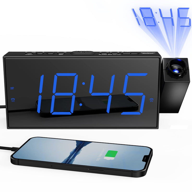 [Australia] - Digital Projection Alarm Clock for Bedroom, Large LED Alarm Clock with Projection on Ceiling Wall, 350°Projector,Dimmer,USB Charger, Battery Backup Loud Dual Alarm Clock for Heavy Sleeper Kids Elderly Blue Digits; Blue Projection 