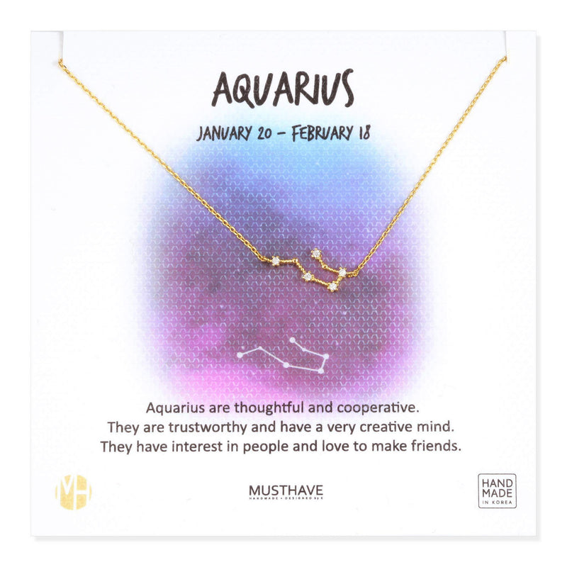 [Australia] - MUSTHAVE Zodiac 18K Gold Plated CZ Necklace with Message Card, Yellow Gold Color, Anchor Chain, Best Gift Necklace, Size 16 inch + 2 inch Extender, Zodiac Pendant, Constellation, Gift Card Aquarius 