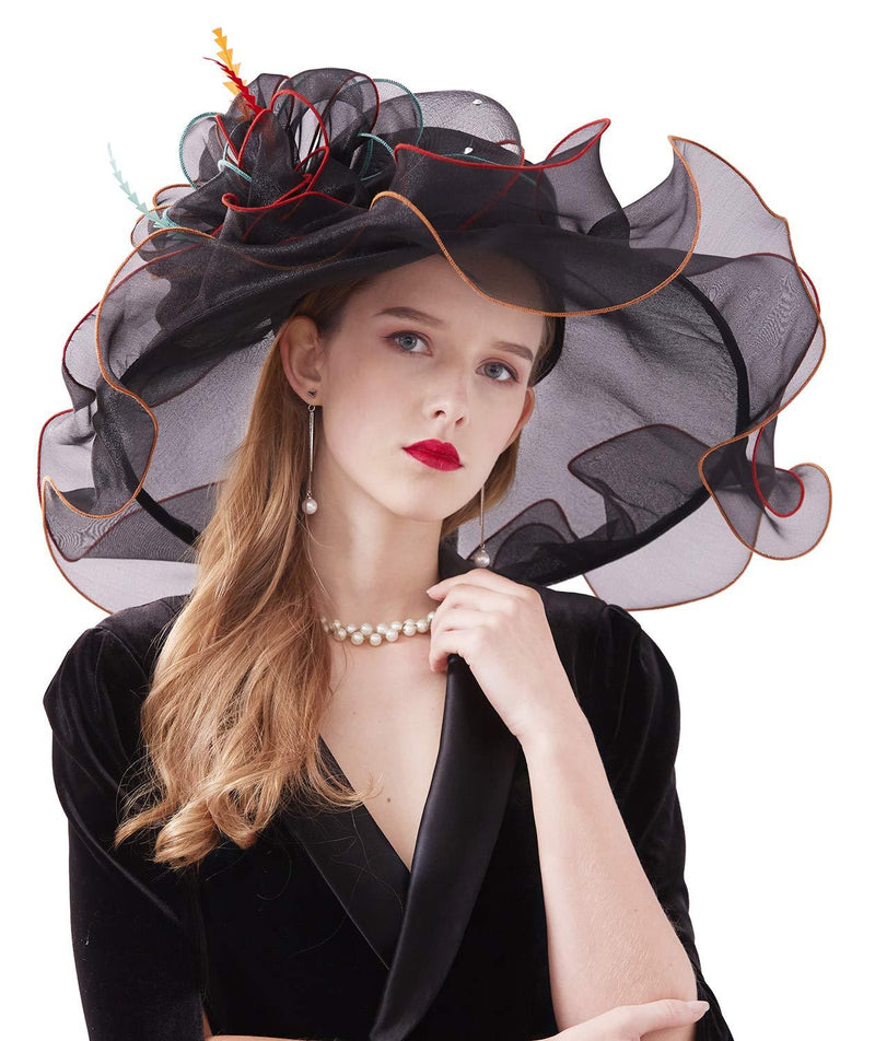 [Australia] - Z&X Women Kentucky Derby Church Hat Organza Flower Wide Brim Fascinator Hats for Wedding Tea Party, Dual-use 1901- Black 