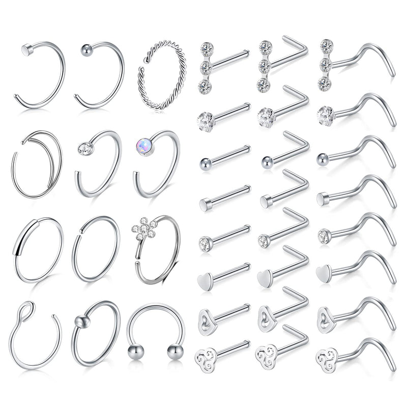 [Australia] - MODRSA Nose Rings Hoop 20g L Shape Nose Studs Screw Septum Ring Surgical Stainless Steel Opal C Shape High Nostril Piercing Jewelry Silver Pack A 