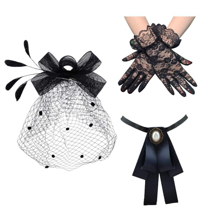 [Australia] - Cooyeah Fascinators Pillbox Hat Black Birdcage Veil Mesh Headband Bow Tie Short Lace Gloves for Tea Party Women, Medium 
