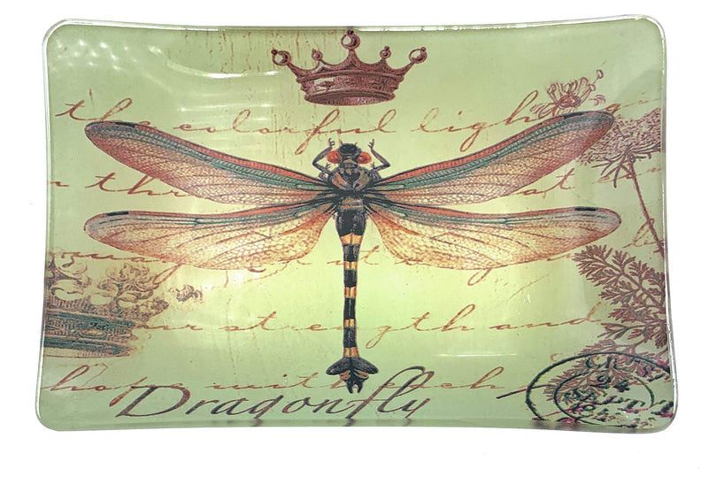 [Australia] - Value Arts Trinket Dish, Dragonfly with Crown and Postmark, Rectangular Glass Catchall Jewelry Tray, 5.75 Inches Wide 