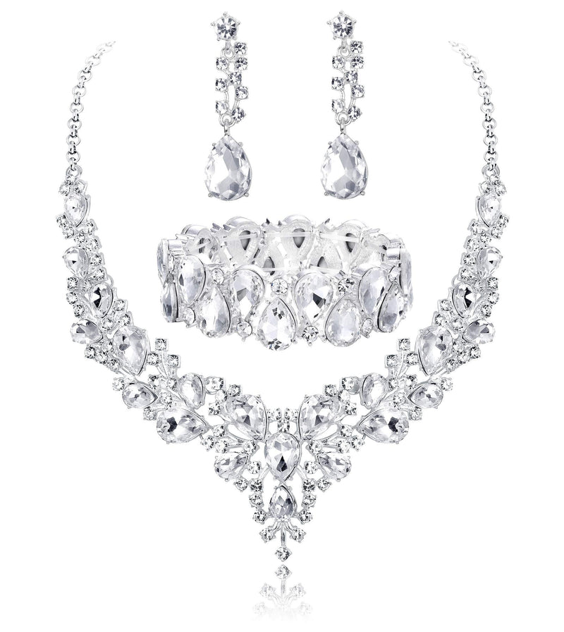 [Australia] - Udalyn Crystal Bridal Jewelry Sets for Women Necklace Earrings Bracelet Set for Wedding Rhinestone Bridesmaid Gifts fit with Wedding Dress A:3pcs-Silver Tone 