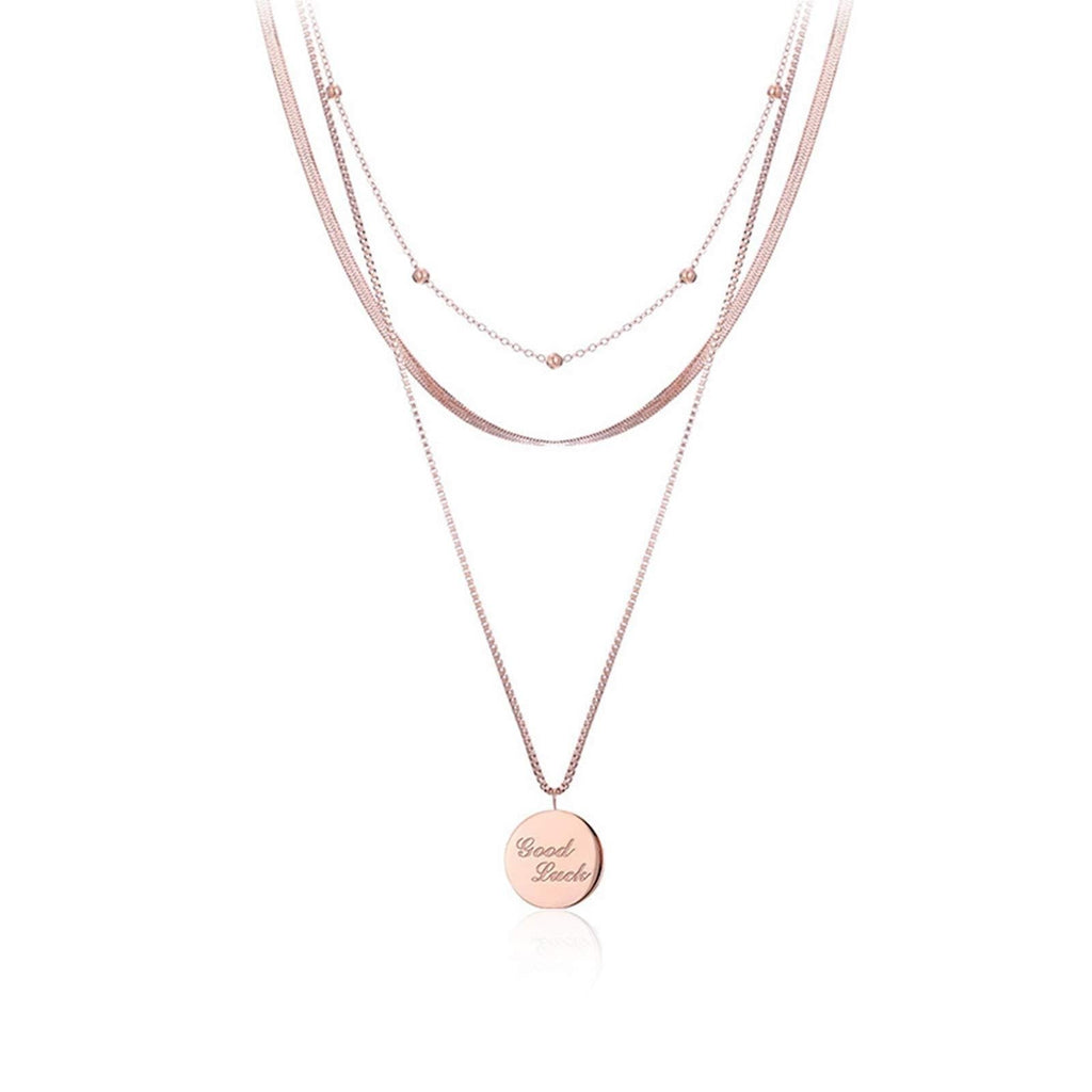 [Australia] - Daesar Stainless Steel Necklace for Women Circle Gold Tag Mecklace 3 Layers Clavicle Chain Necklace Rose Gold Birthday Gift 