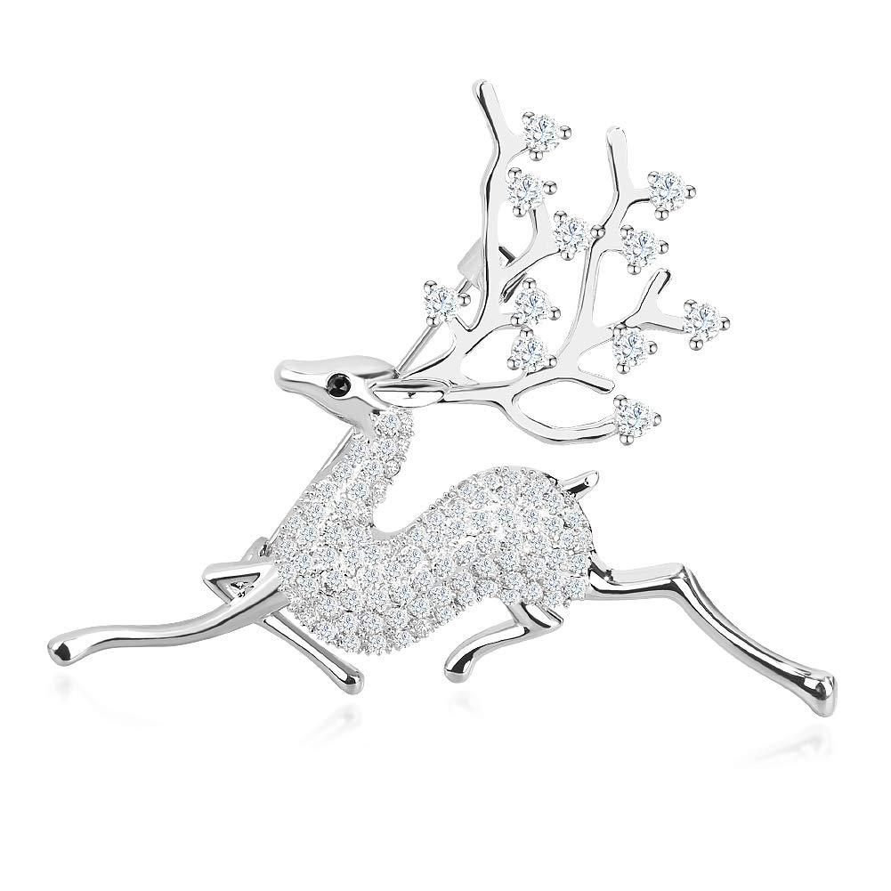 [Australia] - FAMARINE CZ Sika Deer Brooch, Christmas Animals Brooch Pin Paved by Cubic Zirconia Crystals Sliver Deer 