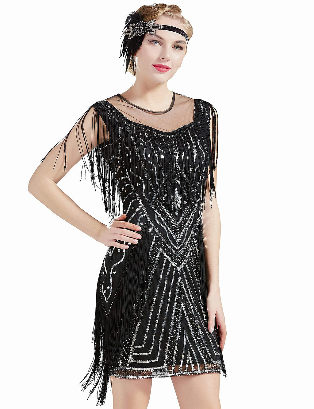 [Australia] - BABEYOND 1920s Gatsby Dress Long Fringe Flapper Dress Roaring 20s Sequins Beaded Dress Vintage Art Deco Dress Black Silver Small 