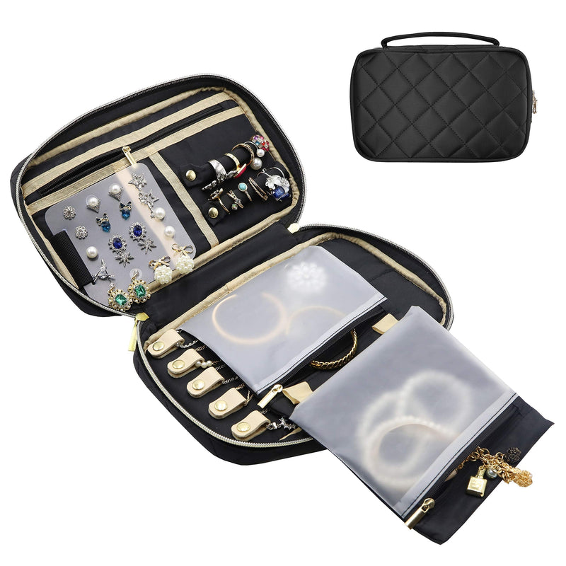 [Australia] - ProCase Travel Jewelry Organizer Case for Women Girls Christmas Valentine's Day Gift, Soft Padded Jewelry Travel Storage Bag Box Carrying Case Pouch for Rings, Bracelet, Earring, Chains, Necklace Holder -Black 