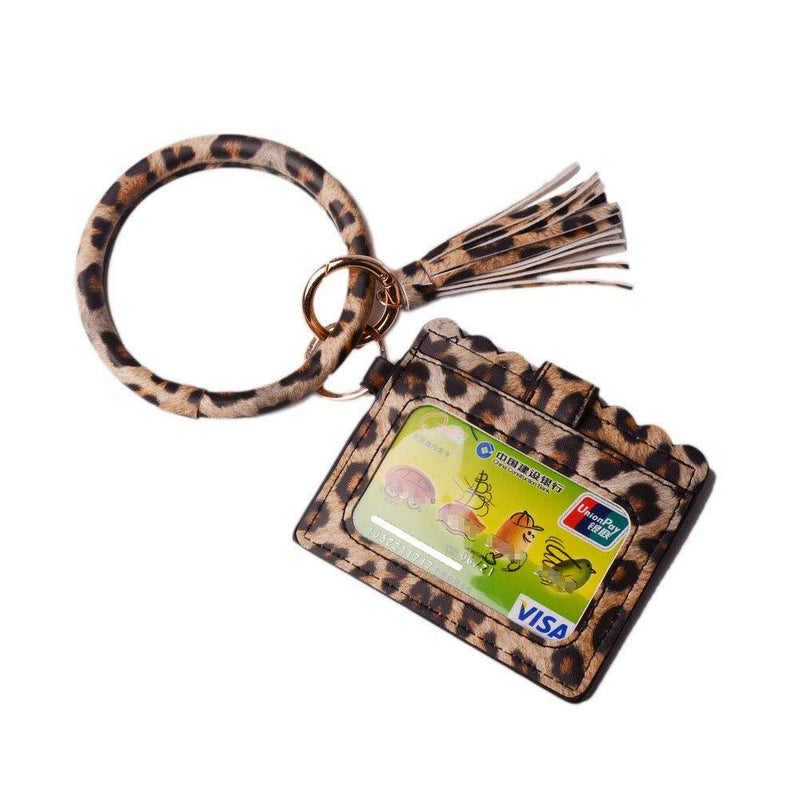 [Australia] - Lantintop Multifunctional Bangle Key Ring Card Holder PU Leather Round Keychain With Matching Wristlet Wallet For Women Girls A-leopard 