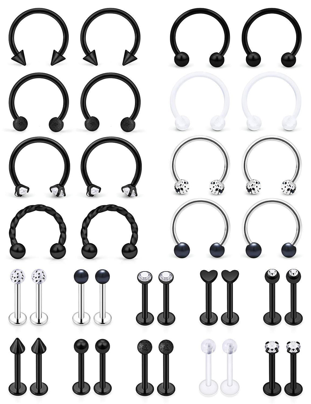 [Australia] - SCERRING 16g Lip Rings Stainless Steel Horseshoe Labret Monroe Lip Rings Nail Tragus Helix Earrings Studs Ring Medusa Piercing Jewelry 8mm 36PCS 36PCS - Black 