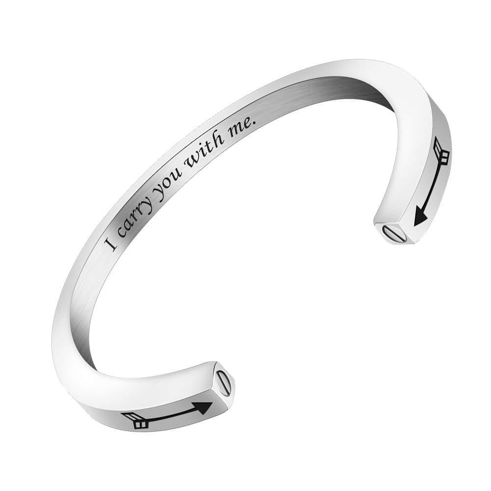 [Australia] - abooxiu Urn Bracelet for Ashes for Women Men Mantra Cuff Bangle Memorial Cremation Jewelry Stainless Steel Keepsake - Customize Available I carry you with me + Cupid's arrows 