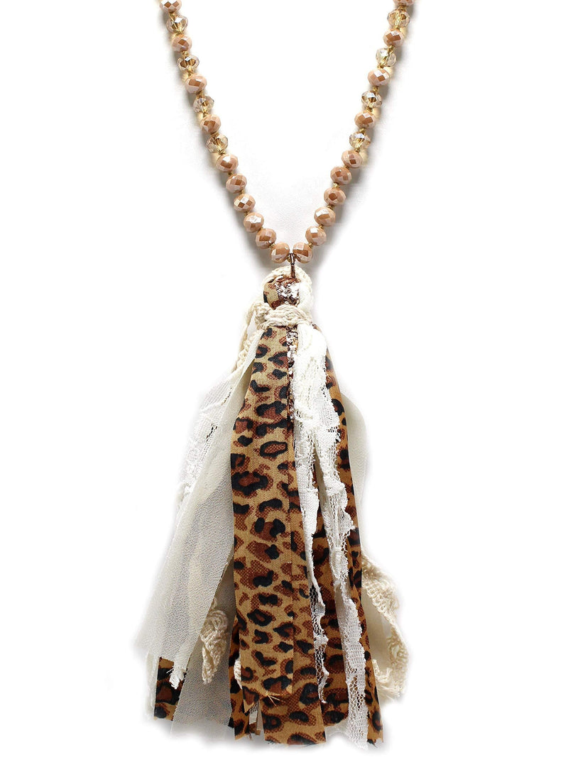 [Australia] - Miracle Collection Boho Handmade Knotted Glass with Leopard Fringe Statement Tassel Vintage Long Necklace NATURAL 