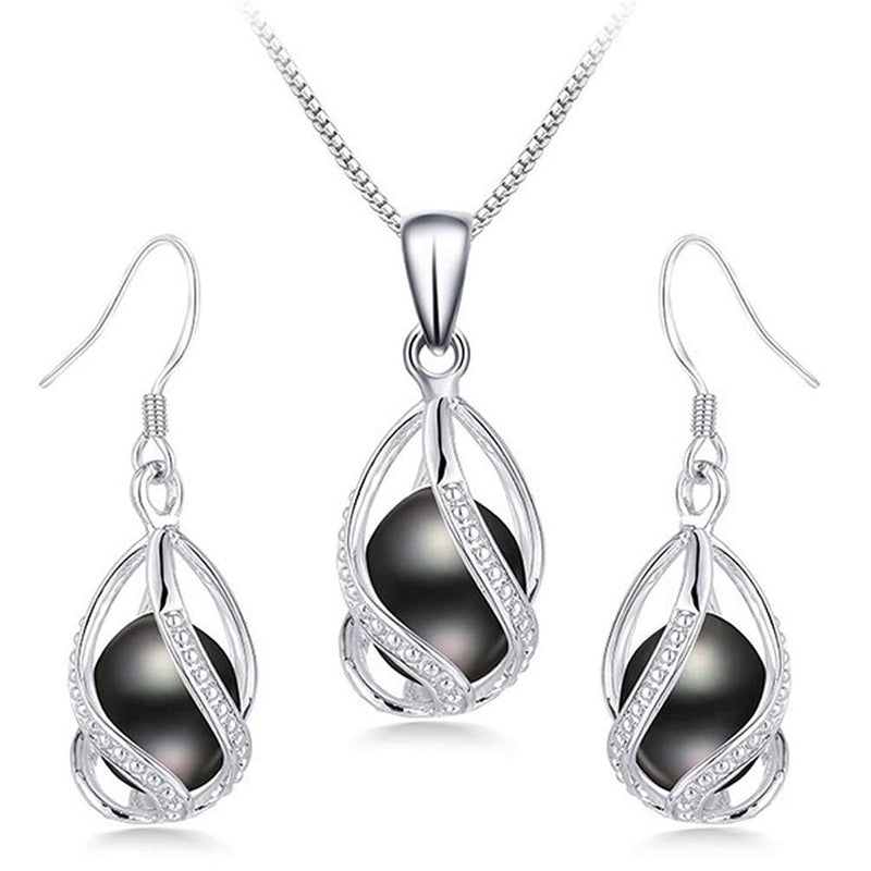 [Australia] - Pearl Jewelry Sets For Women Fashion AAAA Quality 8-9 mm Natural Freshwater 925 Sterling Silver Earrings Pendant Necklace Wedding Jewelry White Black 