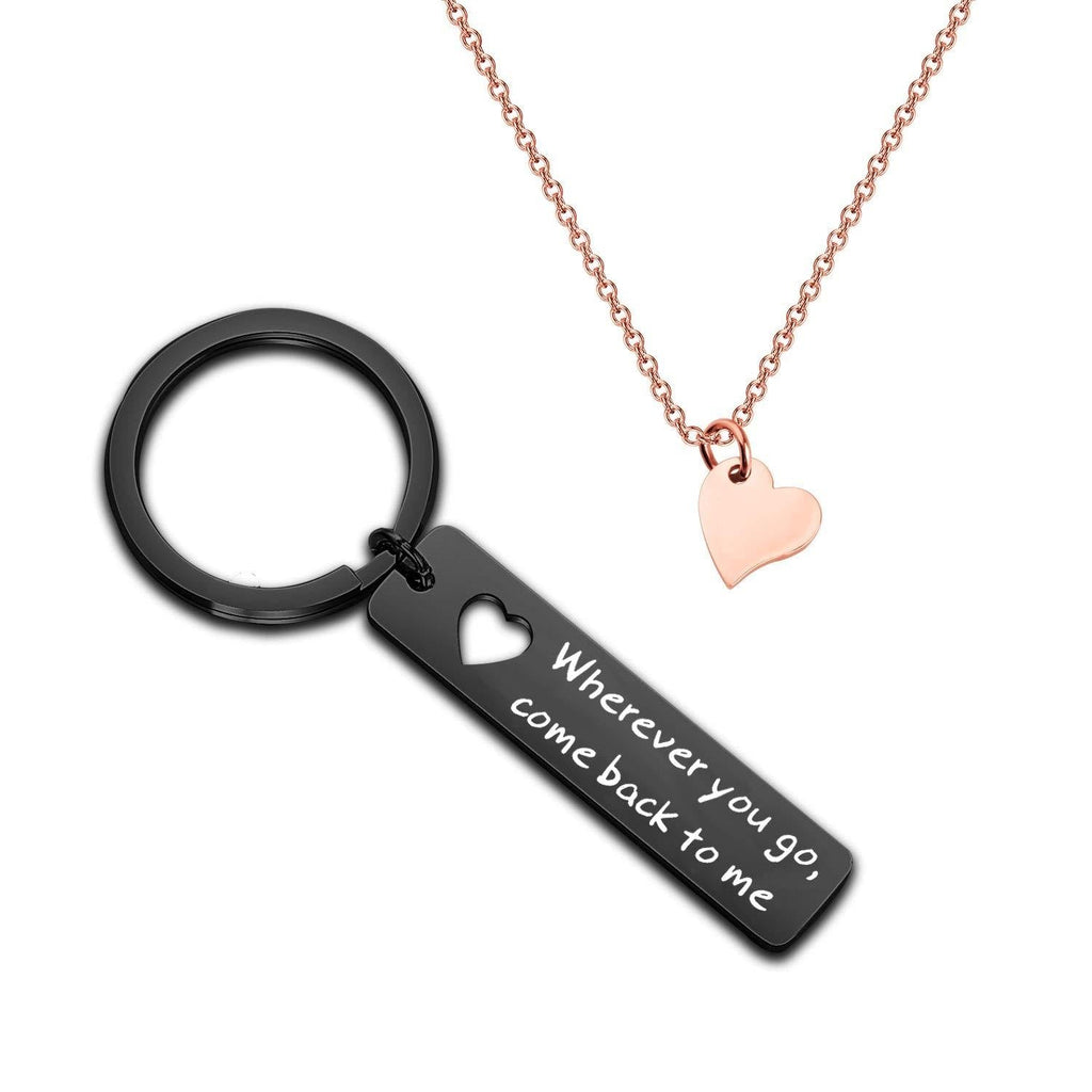 [Australia] - ENSIANTH Boyfriend Gift Wherever You Go Come Back to Me Keychain Moving Away Gift Couples Jewelry College Graduation Gift wherever-black set RG 