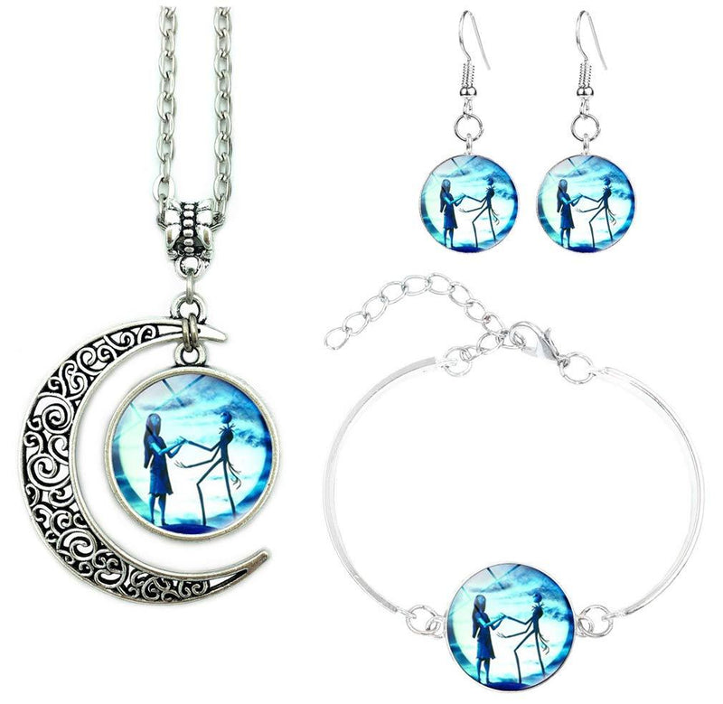 [Australia] - Jack and Sally Nightmare Before Christmas Moon Pendant Necklace, Earrings, Bracelet, Charms Gift (A) A 