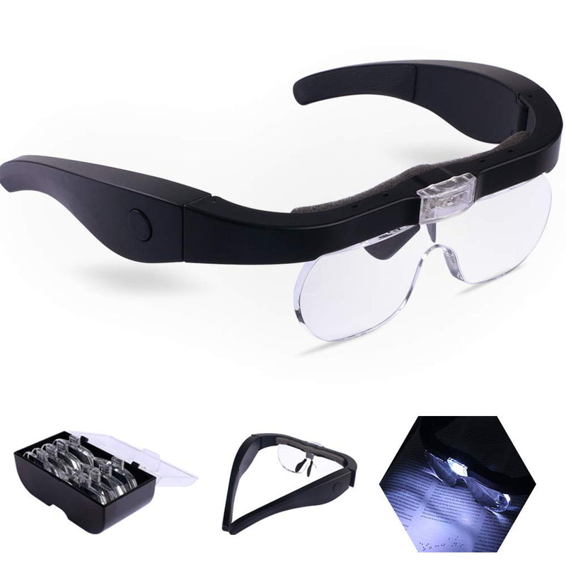 [Australia] - Head Magnifier Glasses with 2 LED Lights USB Charging Magnifying Eyeglasses for Reading Jewelry Craft Watch Repair Hobby, Detachable Lenses 1.5X, 2.5X, 3.5X,5X(Black) Headband Magnifier Glasses Usb Charging Black 