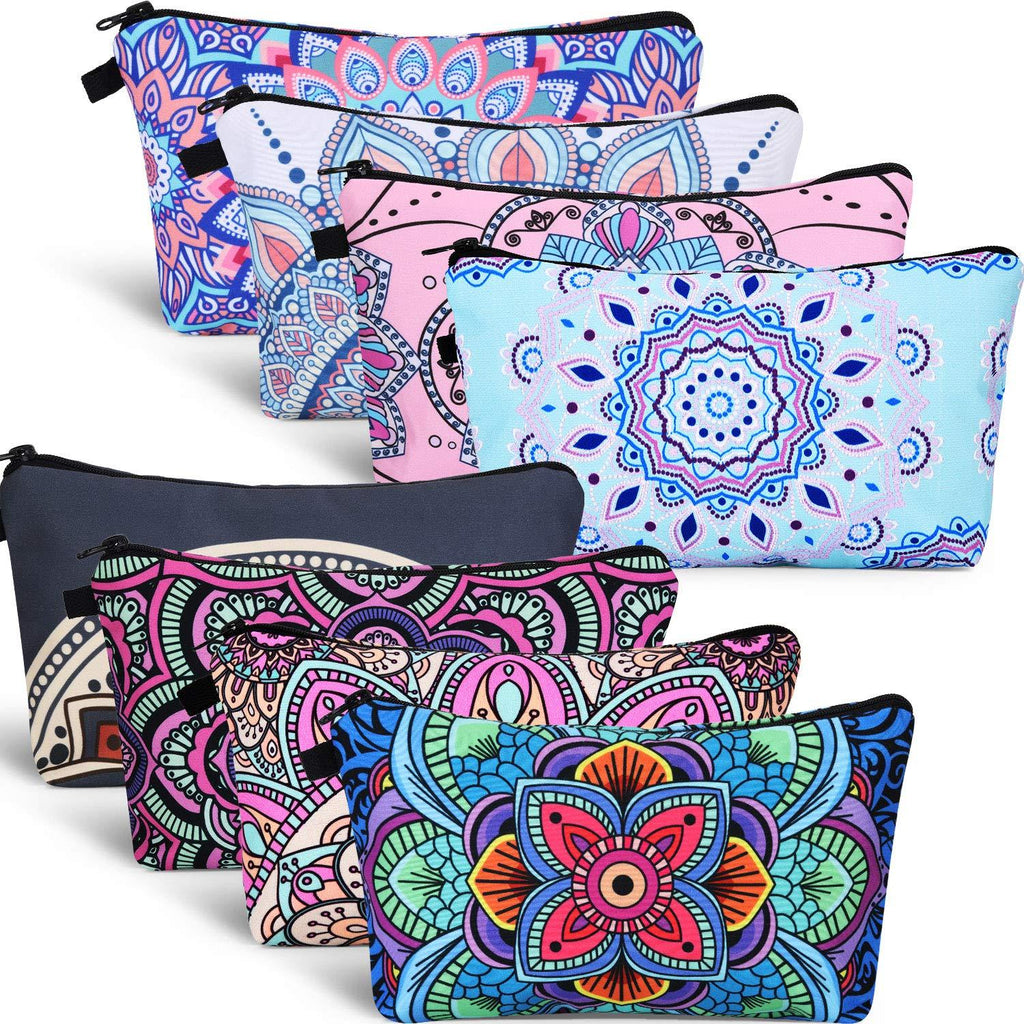 [Australia] - 8 Pieces Makeup Bag Toiletry Pouch Bag Waterproof Travel Cosmetic Bag with Mandala Flowers Design, 8 Styles (Half Round Mandala Flowers) Half Round Mandala Flowers 