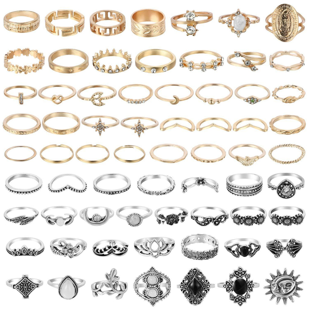 [Australia] - PANTIDE 67Pcs Vintage Knuckle Rings Set Stackable Finger Rings Midi Rings for Women Bohemian Hollow Carved Flowers Gold&Silver Rings Crystal Joint Rings with Storage Bag 