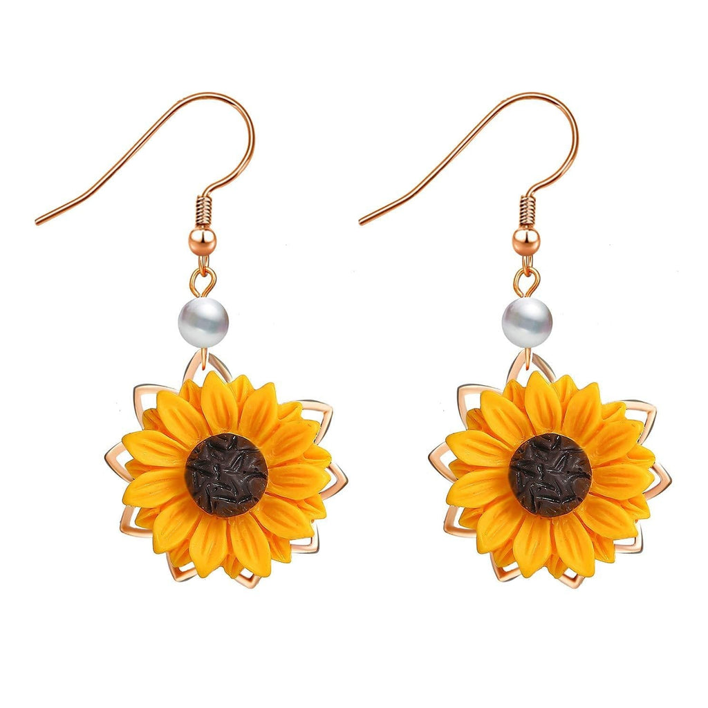 [Australia] - BELUCKIN Fashion Sunflower Leaf Pendant Necklace for Women Yellow Enamel Daisy Sun Flower Necklace Dangle Earrings Jewelry Set Gift Dangle-Rose Gold 