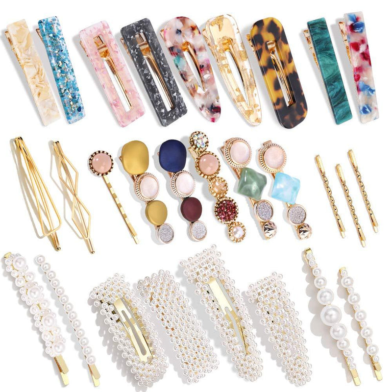 [Australia] - 28 PCS Hingwah Pearls and Acrylic Resin Hair Clips, Handmade Hair Barrettes, Marble Alligator bobby pins, Glitter Crystal Geometric Hairpin, Elegant Gold Hair Accessories, Gifts for Women Girls 