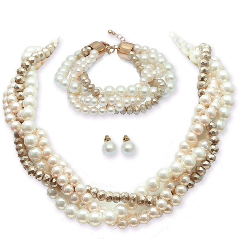 [Australia] - Large Pearl Necklace Costume Jewelry Sets for Women,Twist Multi-strand Pearl Statement Necklace Earrings and Pearl Bracelets for Women 