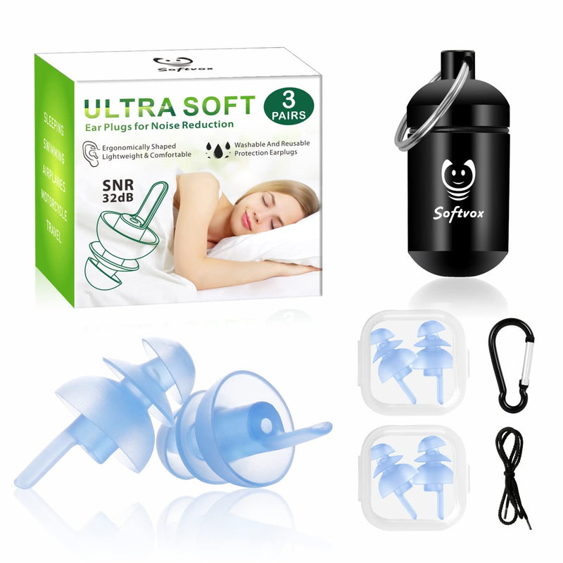 [Australia] - Silicone Ear Plugs for Sleeping Noise Reduction, 3 Pairs Reusable Earplugs Sound Blocking, Snoring Noise Cancelling Ear Plugs for Side Sleepers Study Travel Working - 32dB Hearing Protection Blue 