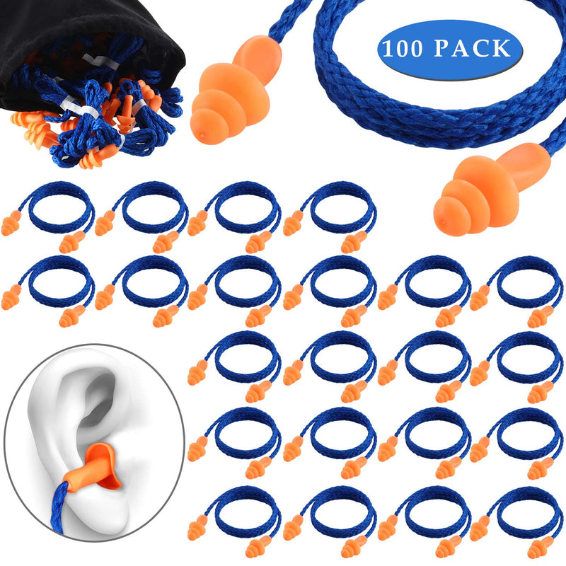 [Australia] - 100 Pairs Corded Ear Plugs Silicone Noise Reducing Blocking Cancelling Soft Reusable Rubber Hearing Protection Earplugs for Sleeping Swimming Snoring Sports Racing 100 